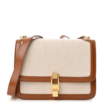 SAINT LAURENT Calfskin Canvas Carre Satchel Beige Brown