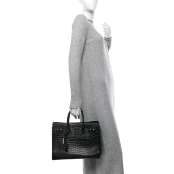 SAINT LAURENT Calfskin Crocodile Embossed Small Supple Sac de Jour Black