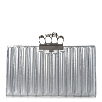 ALEXANDER MCQUEEN Metallic Calfskin Quilted Four Ring Knuckle Flat Clutch Silver