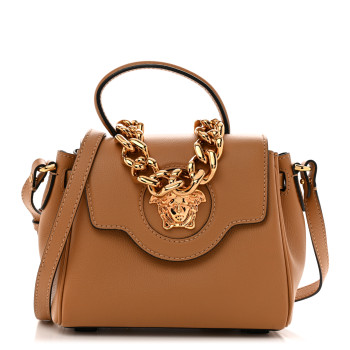 VERSACE Grained Calfskin Small La Medusa Top Handle Bag Brown