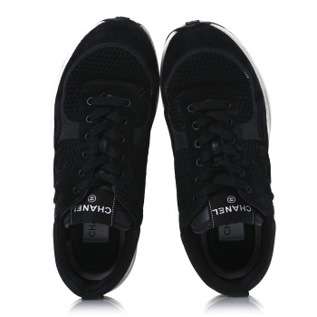 CHANEL Calfskin Mesh Lycra Suede Womens Logo Sneakers 40 Black