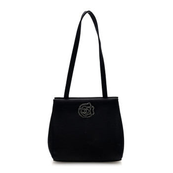 CHANEL Satin Crystal Small Camellia Evening Bag Black