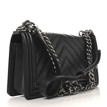 CHANEL Caviar Chevron Quilted Medium Boy Flap Black