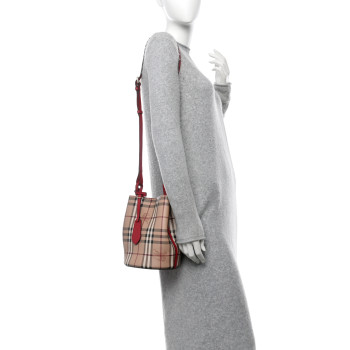 BURBERRY Haymarket Check Colours Small Lorne Bucket Crossbody Poppy Red