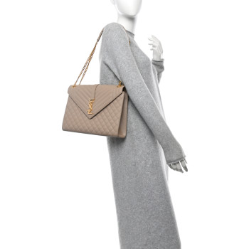SAINT LAURENT Grain De Poudre Mixed Matelasse Large Triquilt Monogram Satchel Dark Beige