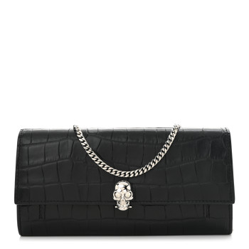 ALEXANDER MCQUEEN Calfskin Crocodile Embossed Skull Wallet on Chain Black