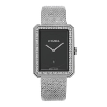 CHANEL Stainless Steel Diamond Bezel 27mm Boy-Friend Tweed Quartz Watch Black