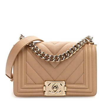 CHANEL Caviar Chevron Quilted Small Boy Flap Beige