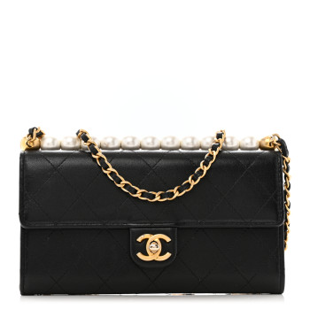Goatskin Quilted Chic Pearls Clutch With Chain Black