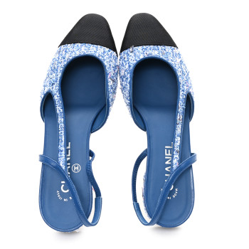 CHANEL Tweed Grosgrain Cap Toe Slingback Flats 39 Blue White Black