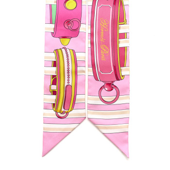 HERMES Silk Colliers De Chiens Remix Twilly Rose Vert Jaune