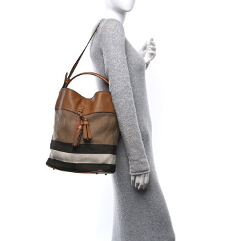 BURBERRY Grainy Calfskin Canvas Mega Check Medium Ashby Tassel Hobo Saddle Brown