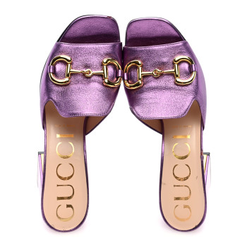 GUCCI Metallic Nappa Horsebit 75mm Slide Sandals 39 Violet