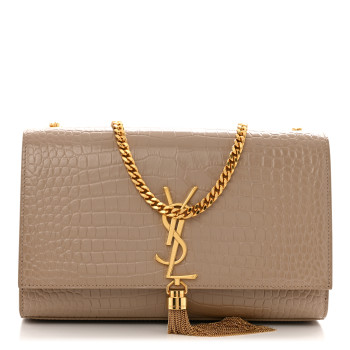 SAINT LAURENT Calfskin Crocodile Embossed Medium Classic Monogram Kate Tassel Satchel Dark Beige
