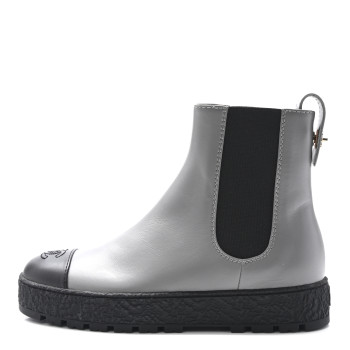 CHANEL Calfskin Cap Toe CC Ankle Boots 38.5 Grey Black
