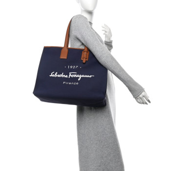 SALVATORE FERRAGAMO Canvas 1927 Signature Tote Navy Brown