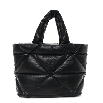 PRADA Nappa Soft Padded Logo Embossed Triangle Quilted Tote Black