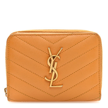 SAINT LAURENT Grain De Poudre Matelasse Chevron Monogram Compact Zip Around Wallet Senape Yellow