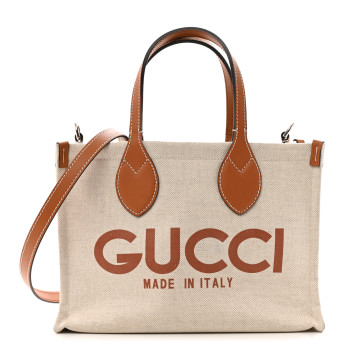 GUCCI Canvas Calfskin Logo Print Medium Tote Bag Brown
