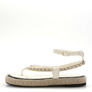 CHANEL Lambskin Chain CC Thong Espadrille Sandals 41 White