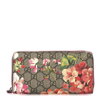 GUCCI GG Supreme Monogram Blooms Zip Around Wallet Beige Multicolor Dry Rose