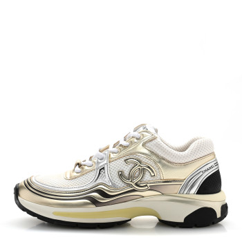 CHANEL Fabric Laminated Calfskin Stretch CC Sneakers 38 White Gold Silver