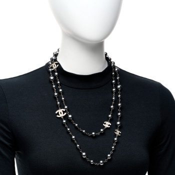 CHANEL Crystal Pearl Beaded CC Long Necklace Ruthenium