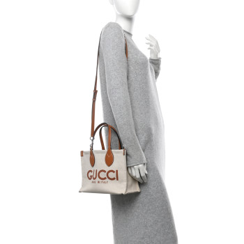 GUCCI Canvas Calfskin Logo Print Medium Tote Bag Brown