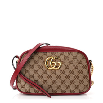 GUCCI Monogram Azalea Calfskin Matelasse Diagonal Small GG Marmont Chain Shoulder Bag Beige Ebony New Cherry Red