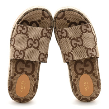 GUCCI Monogram Maxi GG Angelina Platform 55mm Slide Sandals 39 Camel Ebony