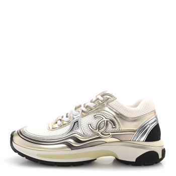 CHANEL Fabric Laminated Calfskin Stretch CC Womens Sneakers 38.5 White Gold Silver