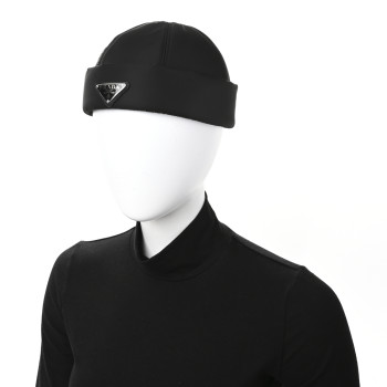 PRADA Re-Nylon Padded Metal Triangle Logo Mens Beanie M Black