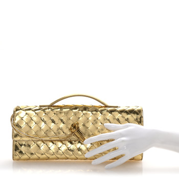 BOTTEGA VENETA Metallic Lambskin Intrecciato Long Andiamo Top Handle Clutch Gold