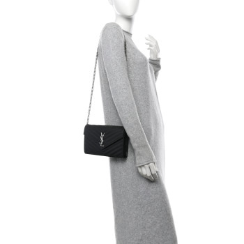 SAINT LAURENT Grain De Poudre Matelasse Chevron Monogram Chain Wallet Black