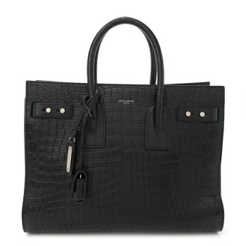 SAINT LAURENT Calfskin Crocodile Embossed Small Supple Sac de Jour Black