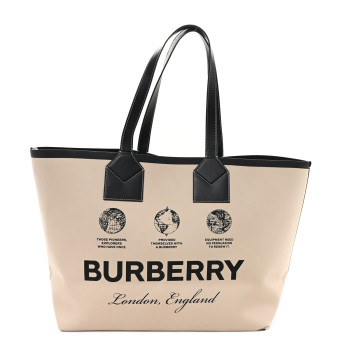 BURBERRY Cotton Canvas Calfskin Heritage Print Large Tote Beige