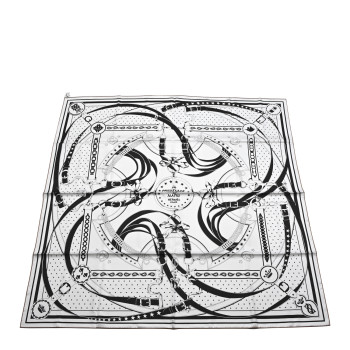 HERMES Cashmere Silk La Promenade du Matin Bandana Shawl 140 White Black Cuir