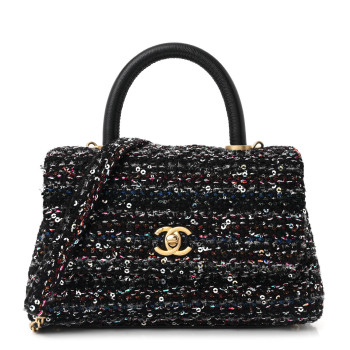 CHANEL Tweed Sequin Mini Coco Handle Flap Black