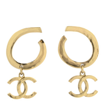 CHANEL Metal Textured Hoop Drop CC Earrings Gold
