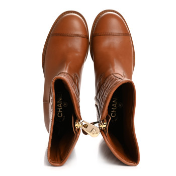CHANEL Calfskin CC Logo Mid Calf Boots 38.5 Caramel