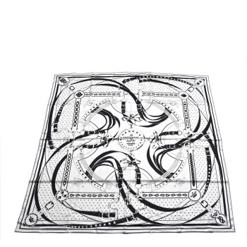 HERMES Silk La Promenade du Matin Bandana Double Face Scarf 140 White Bleu Black Vert Cypres