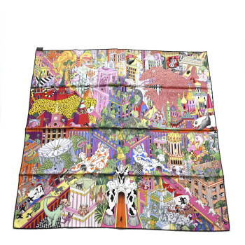HERMES Silk Animapolis Scarf 90 Jaune Vif Vert Rose