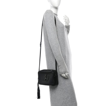 SAINT LAURENT Calfskin Crocodile Embossed Monogram Lou Camera Bag Black