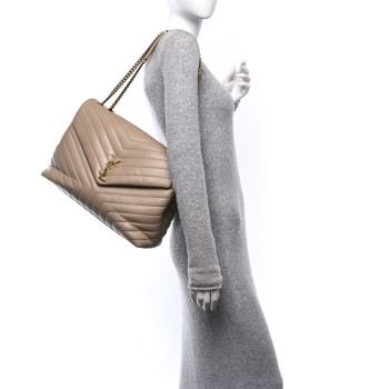 SAINT LAURENT Calfskin Matelasse Large Loulou Monogram Chain Satchel Dark Beige