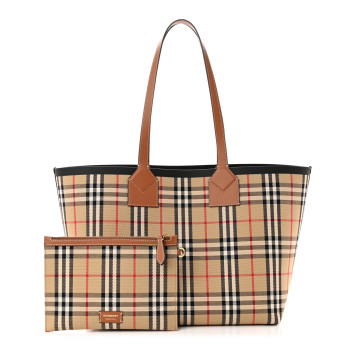 BURBERRY Cotton Vintage Check Medium London Tote Bag Briar Brown Black