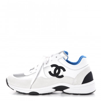 CHANEL★【大人気で嬉しい入手】ブルースウェードエスパ３８ Chanel White Leather Gray Suede CC Logo High Top Sneakers EU