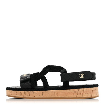 CHANEL Cord Lambskin Quilted Logo Sandals 39 Black