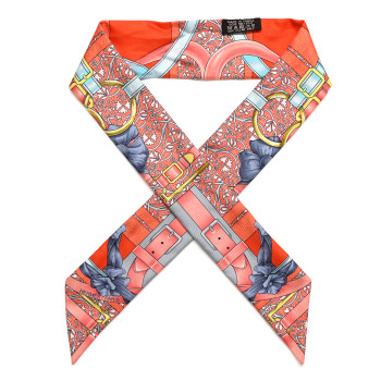 HERMES Silk Grand Manege Fleuri Twilly Orange Turquoise Gris
