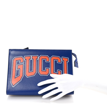 GUCCI New Shanghai Calfskin Interlocking G Logo Wristlet Pouch Cobalt Blue Orange