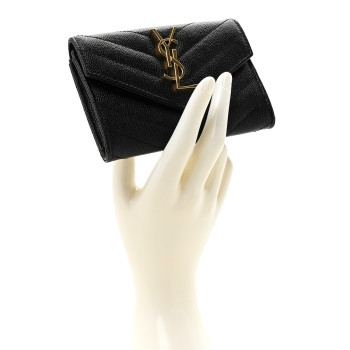 SAINT LAURENT Grain De Poudre Matelasse Chevron Small Monogram Envelope Wallet Black